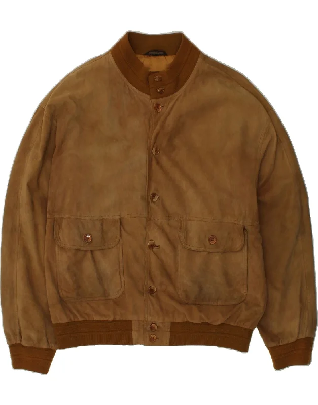 VINTAGE Mens Suede Bomber Jacket IT 58 4XL Brown Leather