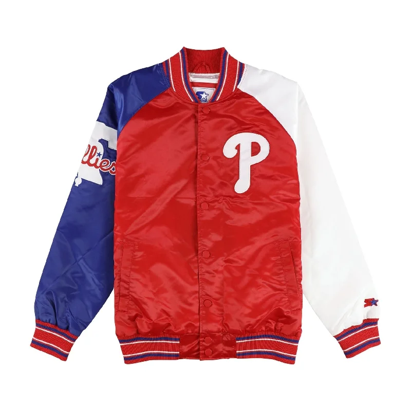 STARTER Mens Phillies Satin Varsity Jacket, Red, Large