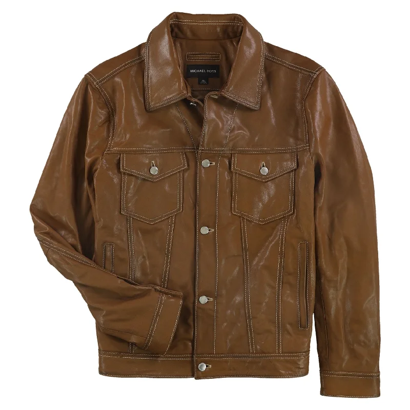 Michael Kors Mens Burnished Leather Jacket, Brown, XX-Large