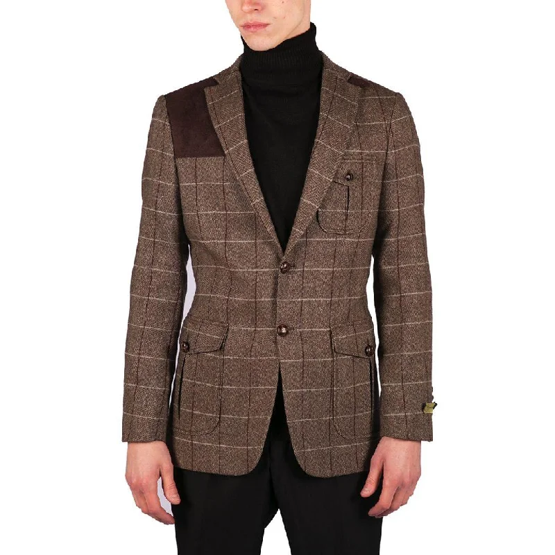 Mens Wool Tweed Shooting Jacket Check Hunting Herringbone Blazer Oak Elbow Patch