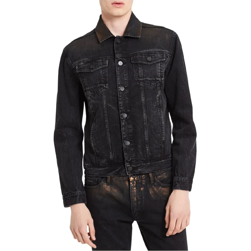 Calvin Klein Mens Distressed Copper Denim Jacket, Black, Large