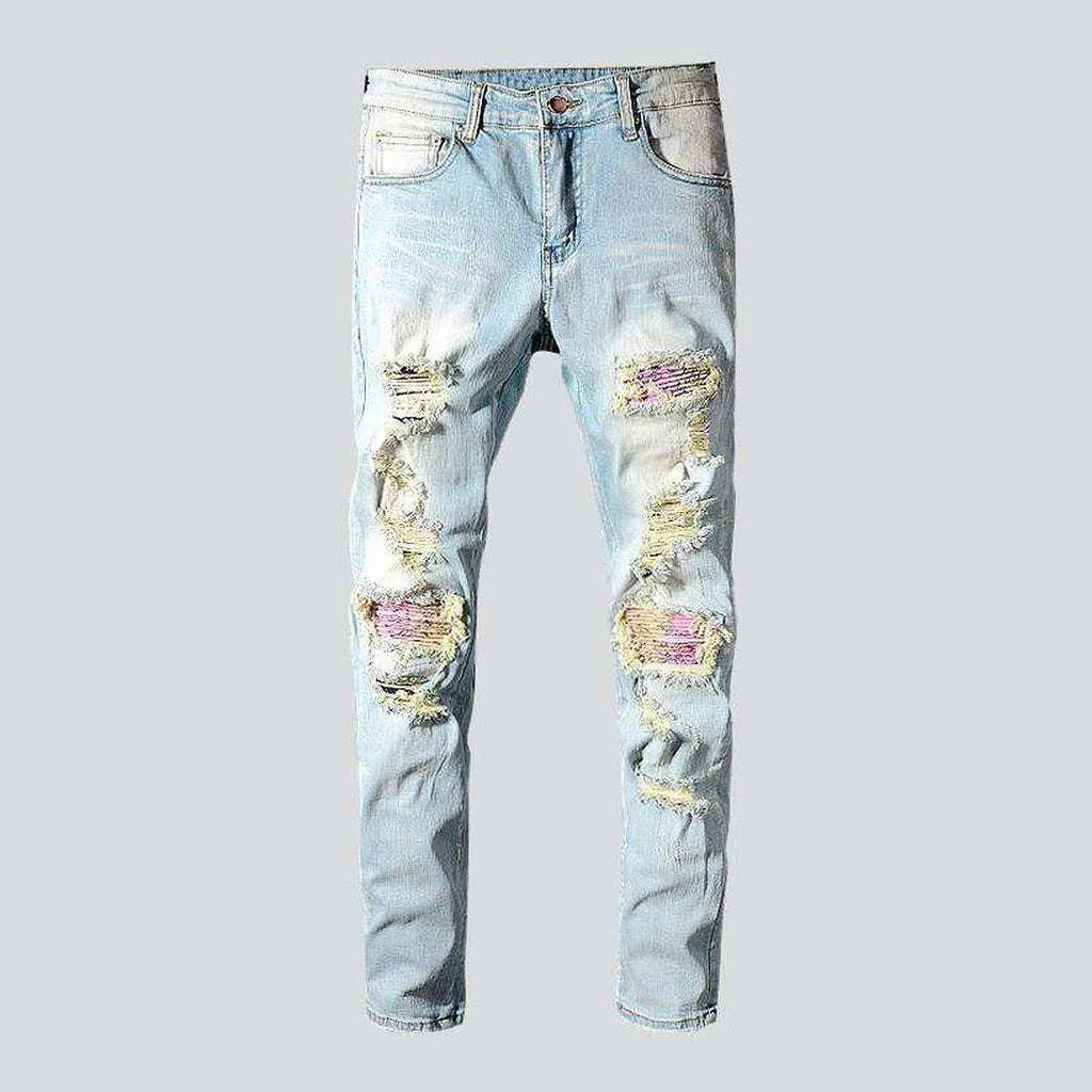 Pink patchwork distressed men's jeans