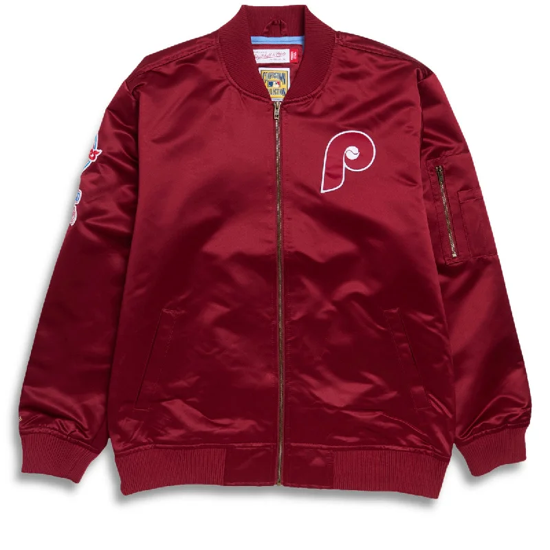 Mitchell & Ness x MLB Phillies Vintage Logo Satin Bomber Jacket - Cardinal