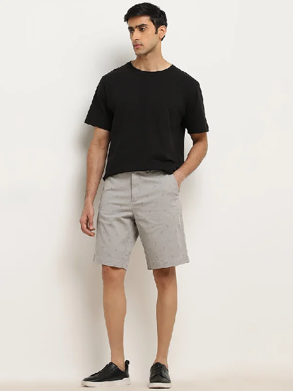 WES Casuals Grey Relaxed-Fit Mid-Rise Cotton Blend Shorts