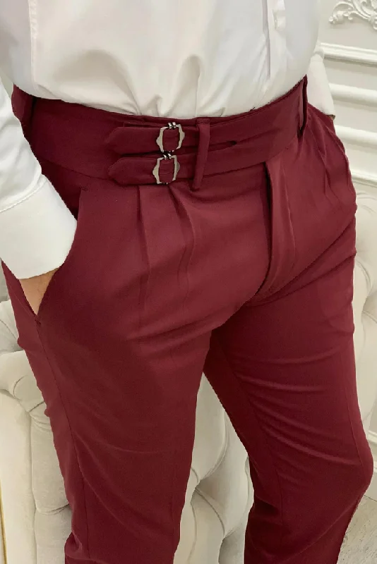 Men Burgundy Slim Fit Trouser Formal Pant Double buckle Wedding Pant Dinner Pant Groom Wear Gift For Him