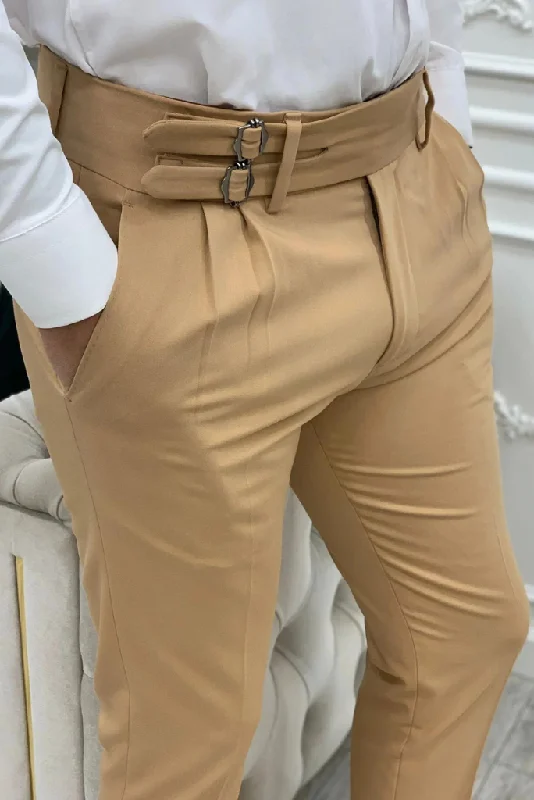 Men's Formal Elegant Pant Beige Double buckle Trouser Wedding Pant for groomsmen