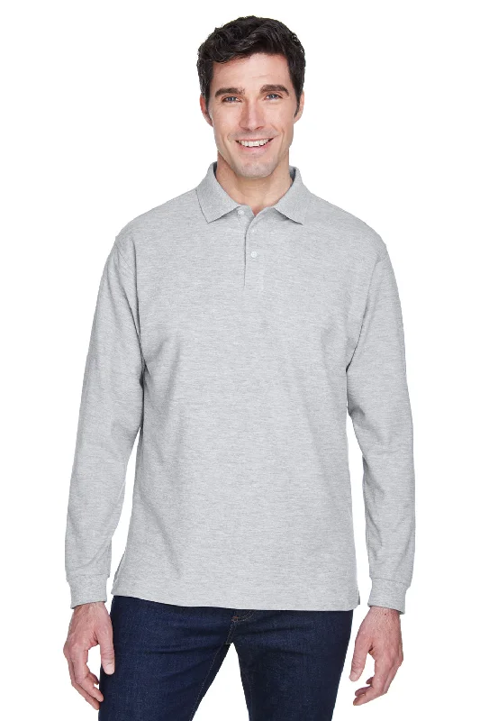 Devon & Jones Mens Long Sleeve Polo Shirt - Heather Grey