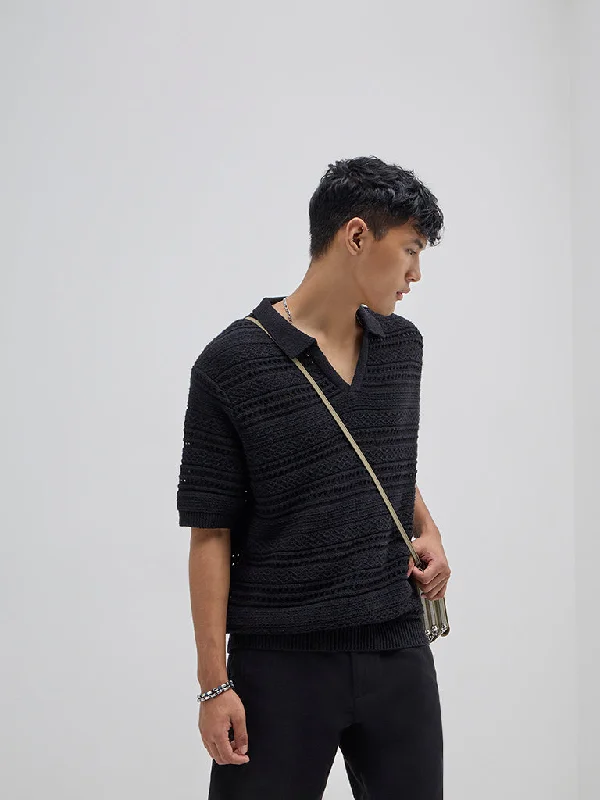 ETA Black Knit-Textured Relaxed-Fit Polo T-Shirt