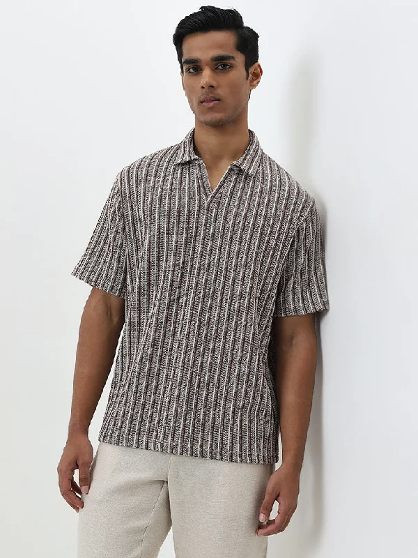 ETA Brown Stripe Patterned Relaxed-Fit Cotton Polo T-Shirt