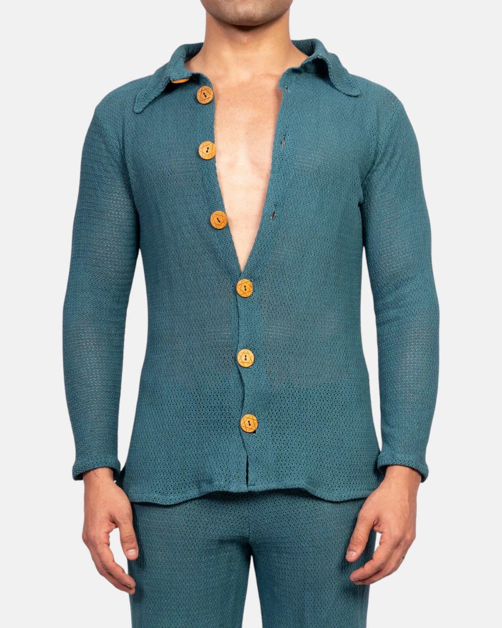 Knitted Crochet Shirt | Teal Green