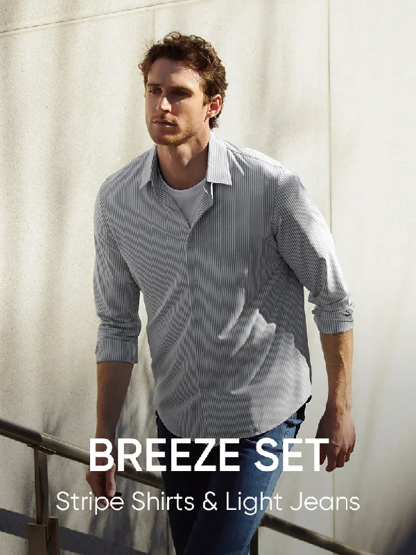 [35% OFF] Men's Smart Breeze Set (Stripe Shirt & Light Jeans)