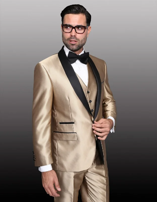 Mens 1 Button Shawl Lapel Vested Wedding | Prom Tuxedo in Gold Sharkskin - Mens Slim Fitted Tuxedo