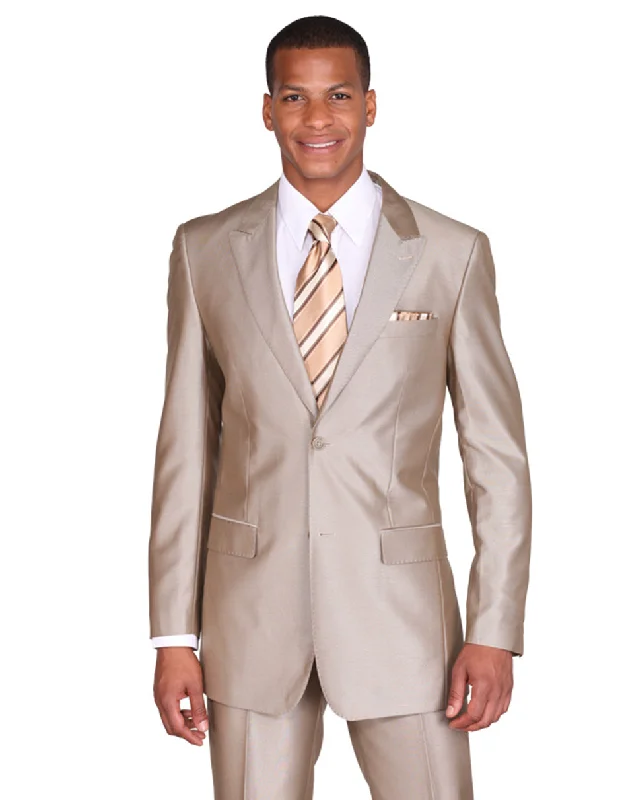 Mens 2 Button Peak Lapel Shiny Sharkskin Suit in Tan