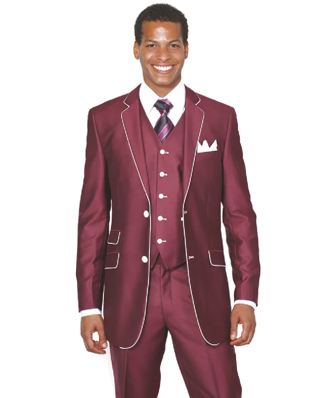 Mens 2 Button Vested Trim Tuxedo in Burgundy