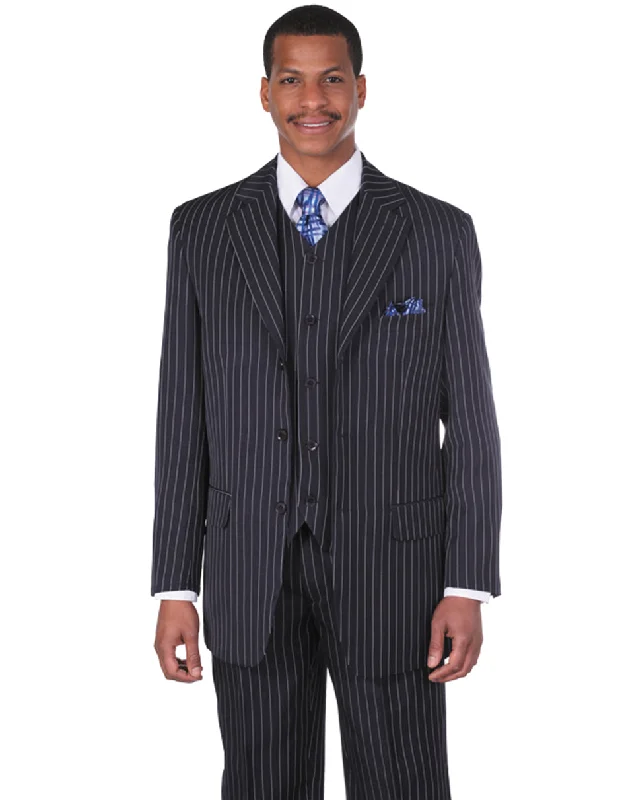 Mens 3 Button Notch Lapel Bold Pinstripe Gangster Suit in Navy Blue