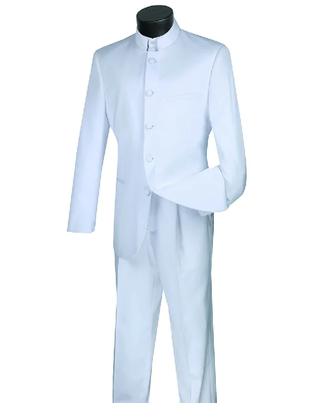 Mens 5 Button Mandarin Collar Tuxedo Suit in White