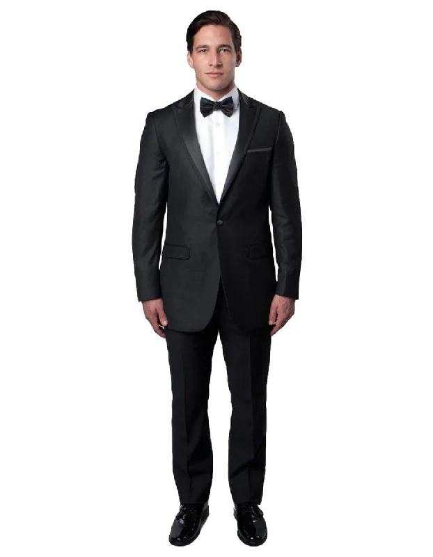 Mens Modern Wool Peak Trim Wedding Tuxedo in Charcoal