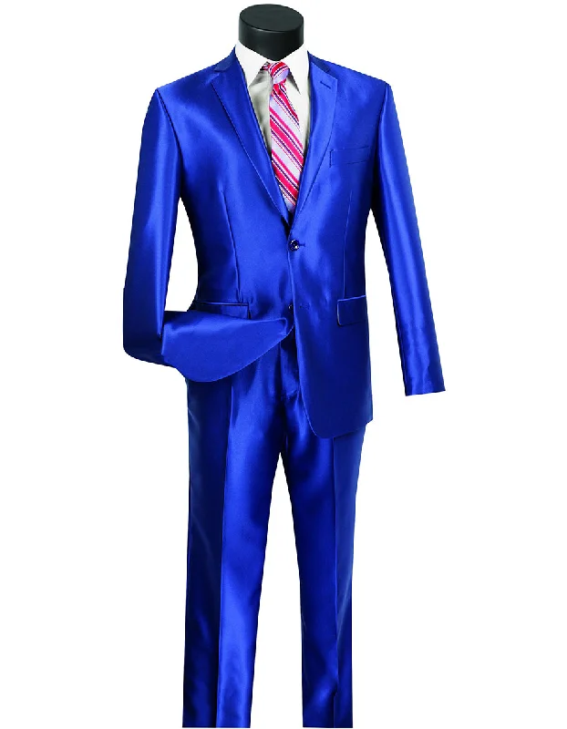 Mens Slim Fitted Shiny Sharkskin Suit in Royal Blue