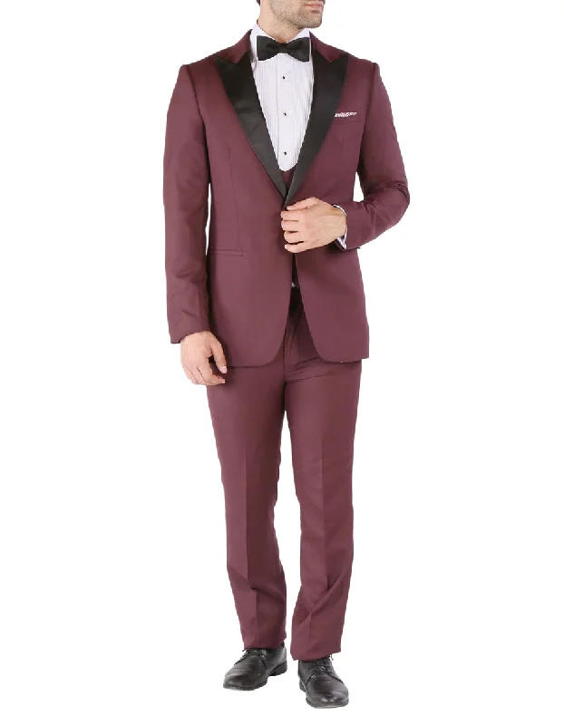 Mens Vested Slim Fit Peak Prom Tuxedo in Burgundy