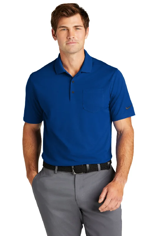 Nike Mens Dri-Fit Moisture Wicking Micro Pique 2.0 Short Sleeve Polo Shirt w/ Pocket - Gym Blue