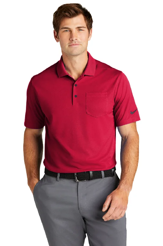 Nike Mens Dri-Fit Moisture Wicking Micro Pique 2.0 Short Sleeve Polo Shirt w/ Pocket - University Red