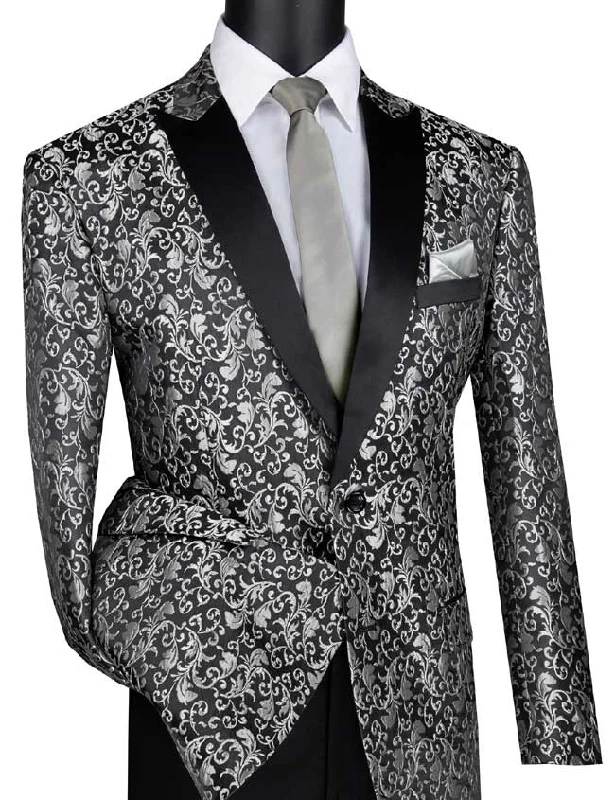 Silver  Regular Fit Floral Pattern Jacket Peak Lapel