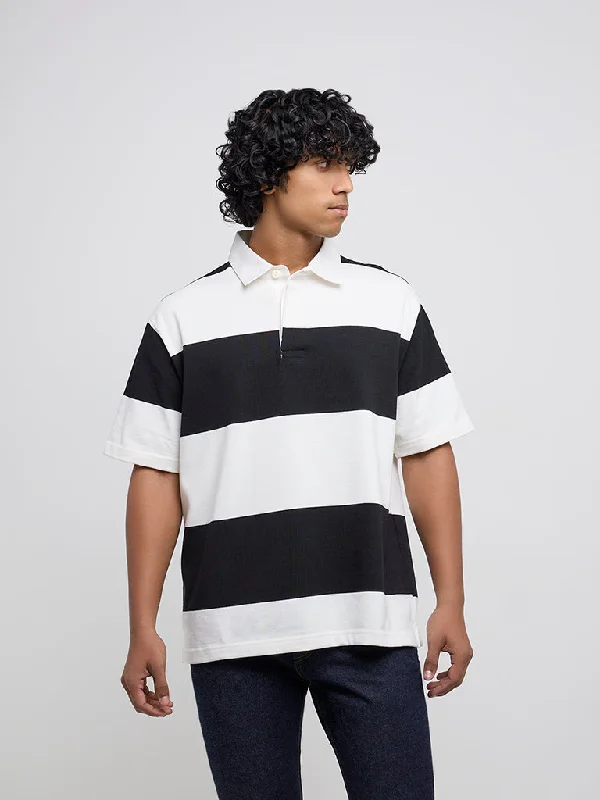 WES Casuals Black Striped Relaxed-Fit Polo T-Shirt