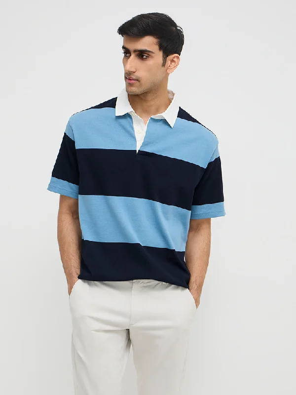 WES Casuals Blue Colour-Blocked Relaxed-Fit Polo T-Shirt