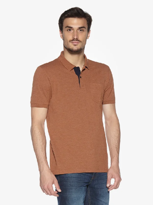 WES Casuals Brown Melange Cotton Blend Slim Fit Polo T-Shirt