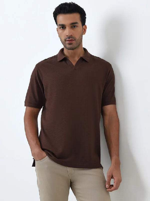 WES Casuals Brown Self-Striped Relaxed-Fit Polo T-Shirt