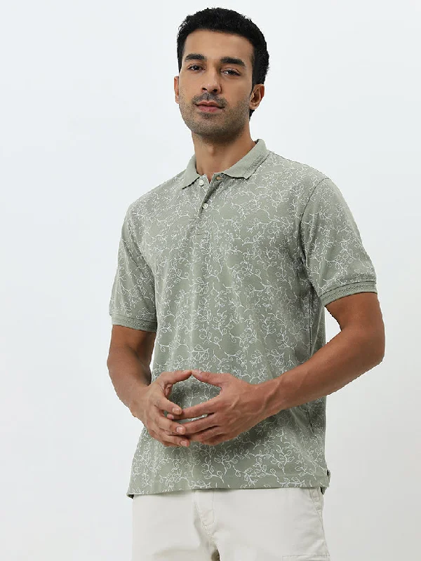 WES Casuals Dusty Olive Floral Printed Polo T-Shirt