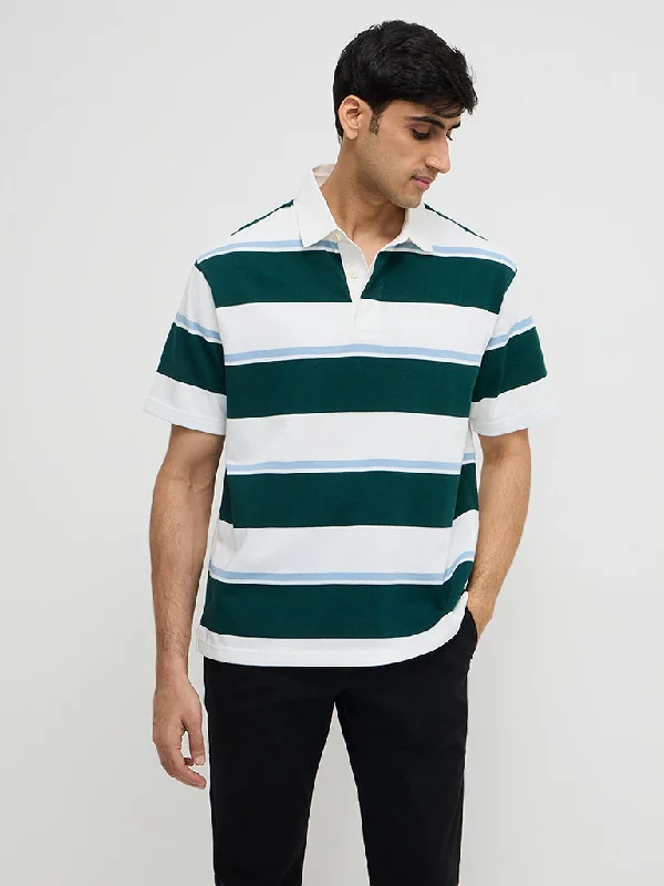 WES Casuals Green Colour-Blocked Relaxed-Fit Polo T-Shirt