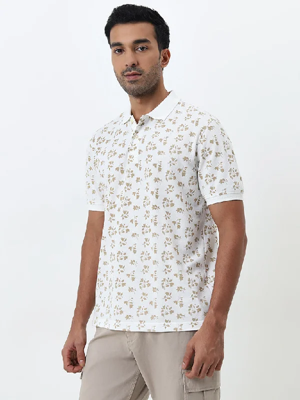 WES Casuals White Floral Printed Relaxed-Fit Polo T-Shirt