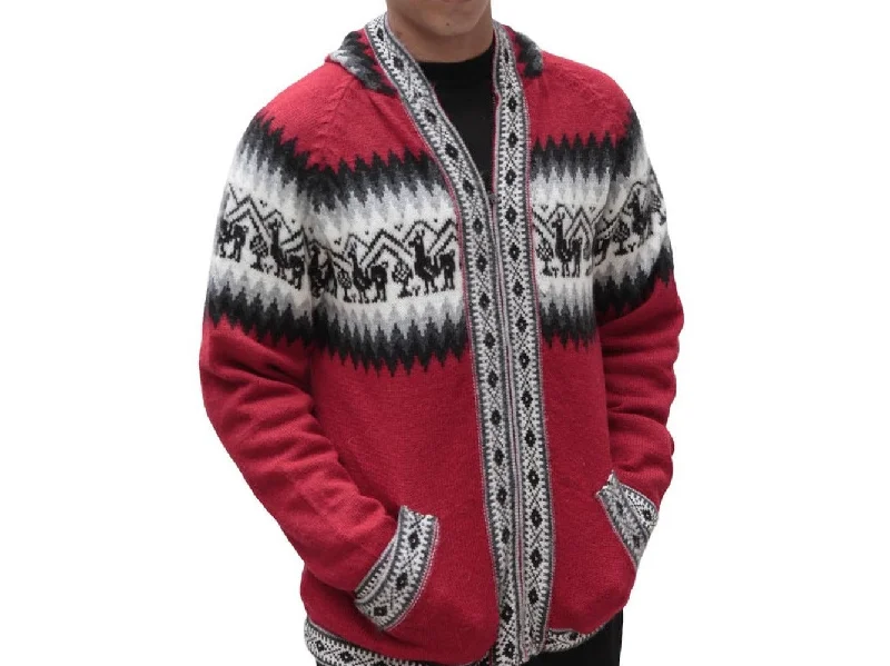 Mens Little Llamas Hooded Sweater Alpaca Wool Knitted Jacket Hoodie