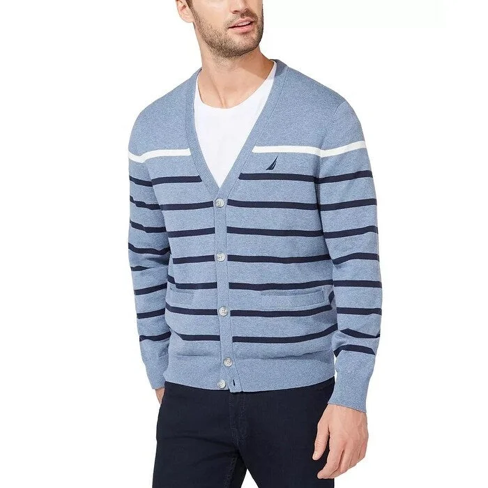 Nautica Men's Striped V Neck Button Cardigan Blue Size Medium