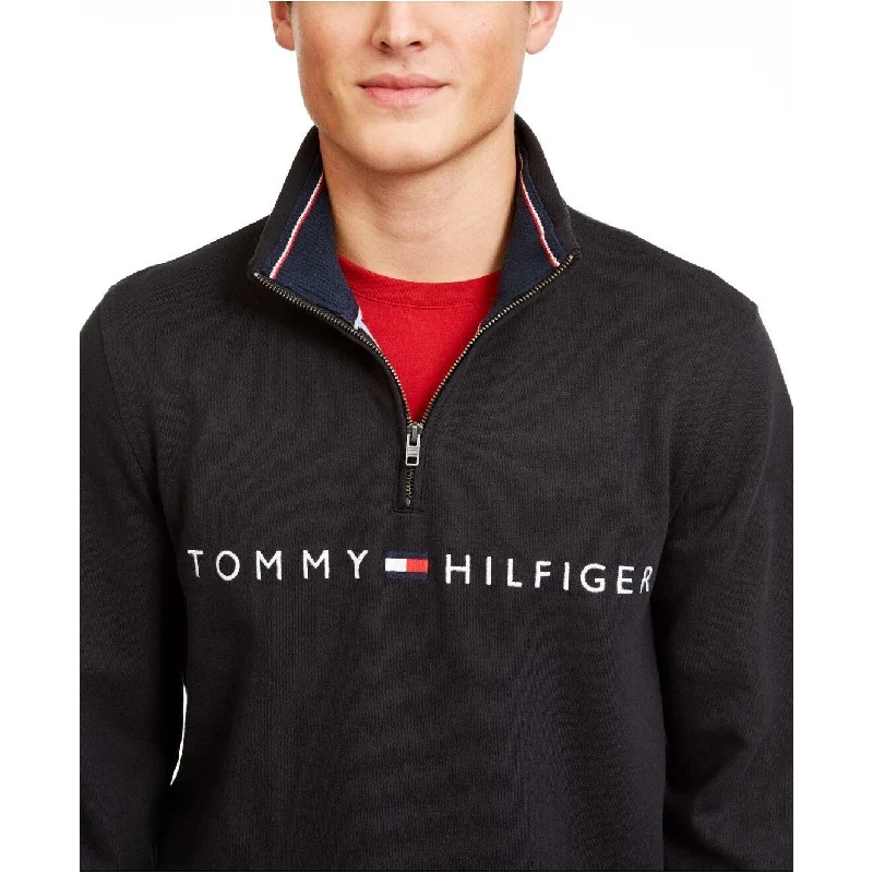 Tommy Hilfiger Men's Logo French Rib Quarter-Zip Pullover Black Size Large